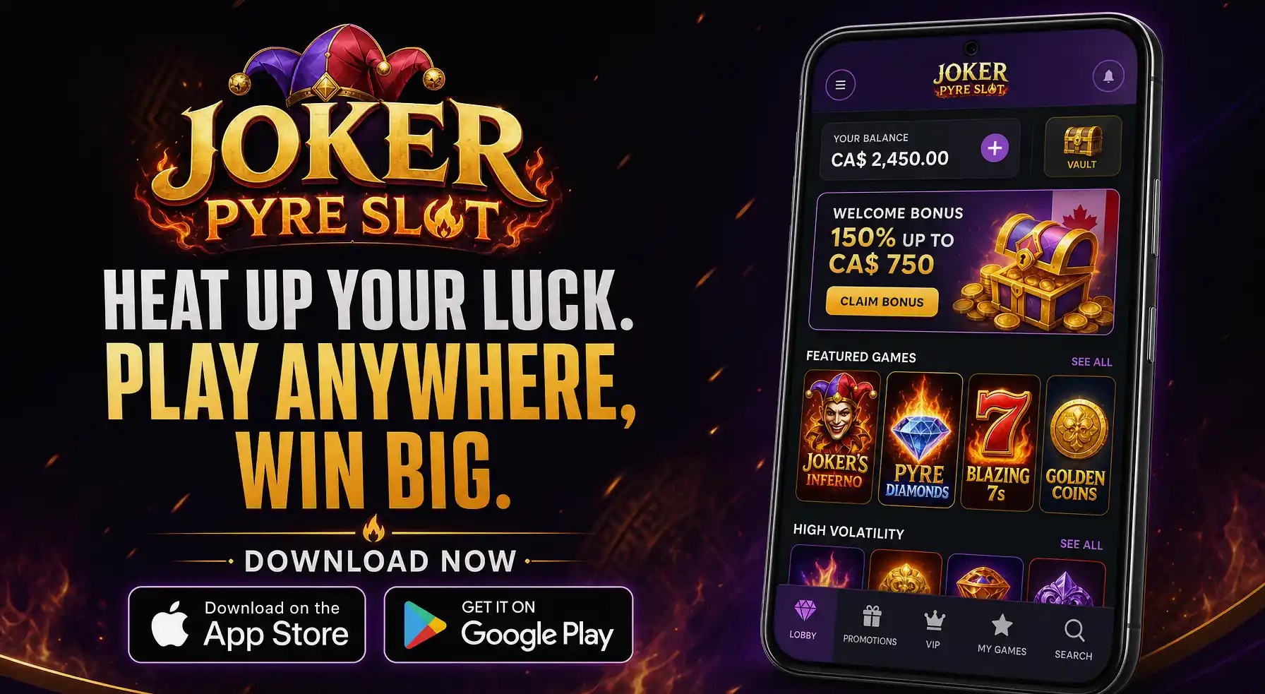 Mobile app download promo for Win Airlines Casino with App Store and Google Play badges, localized for CA.