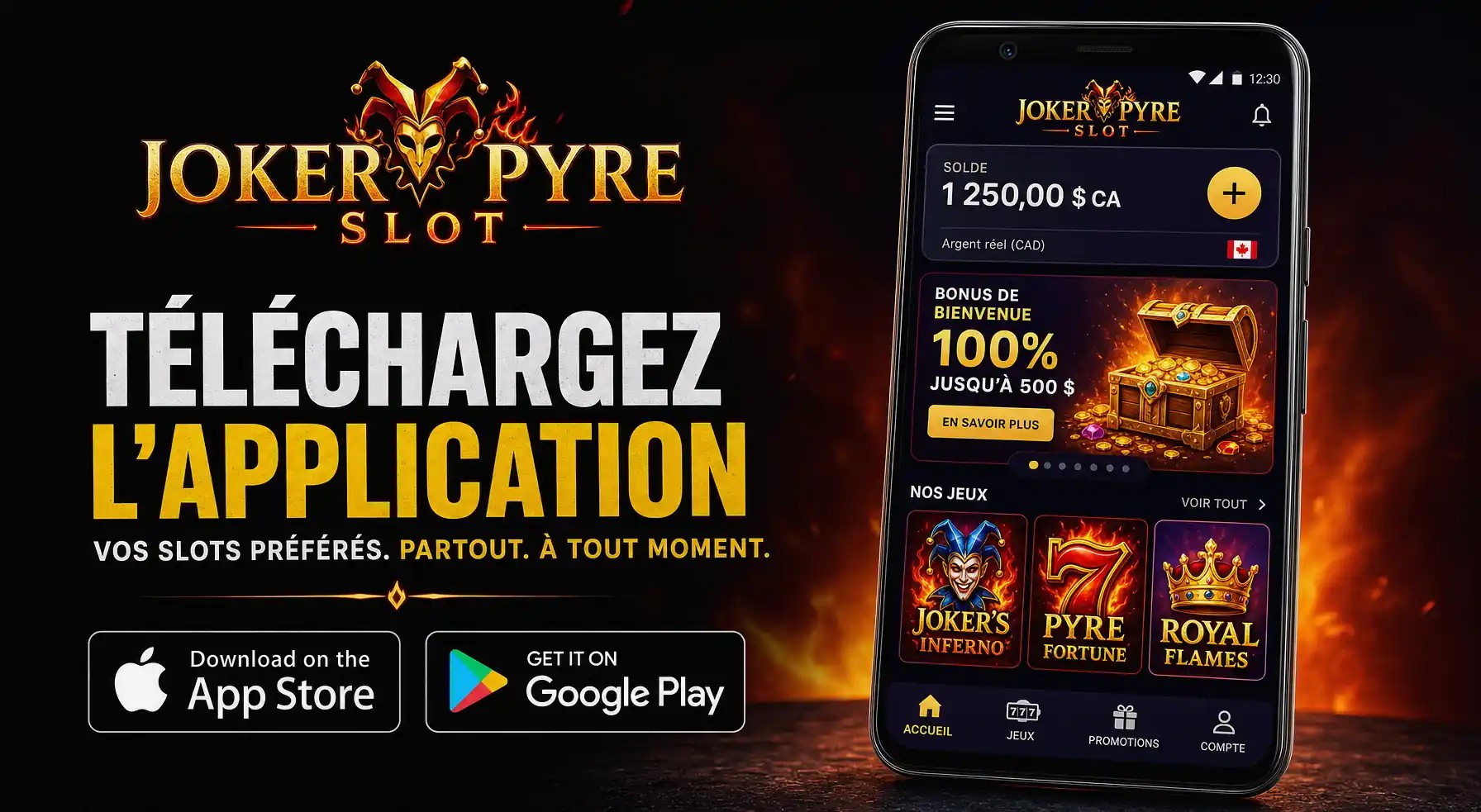 Mobile app download promo for Win Airlines Casino with App Store and Google Play badges, localized for CA.