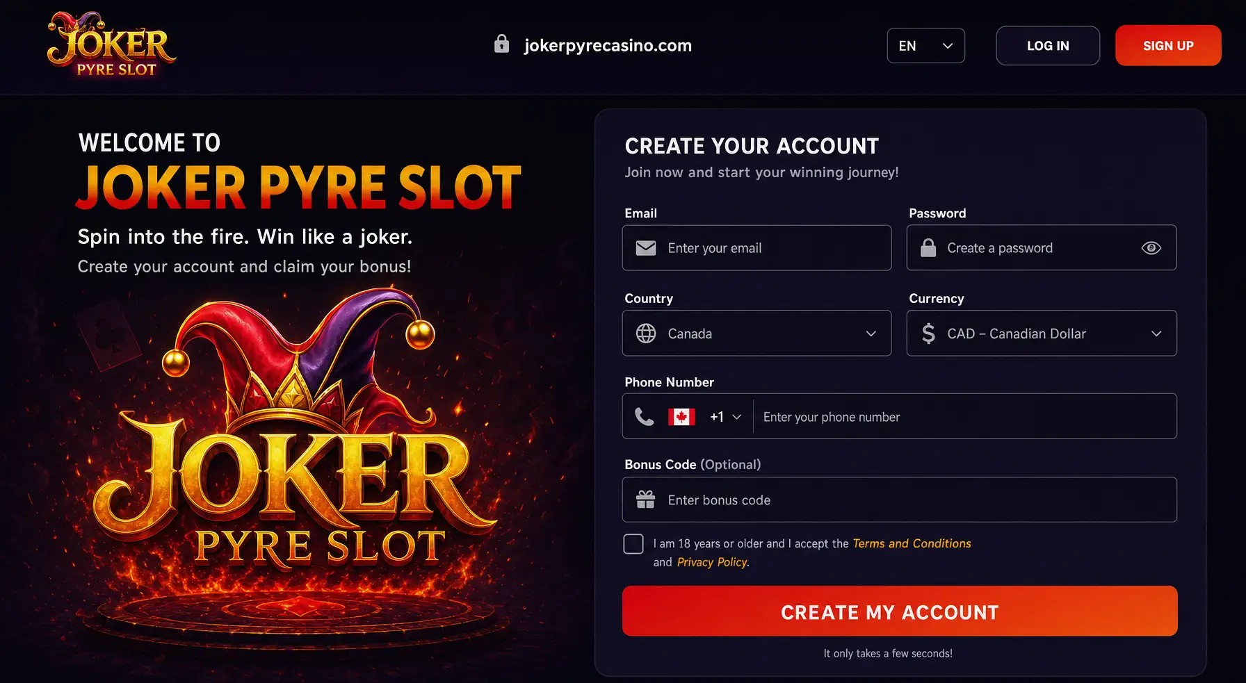 Sign-up and registration screen for Win Airlines Casino online casino, localized for CA.